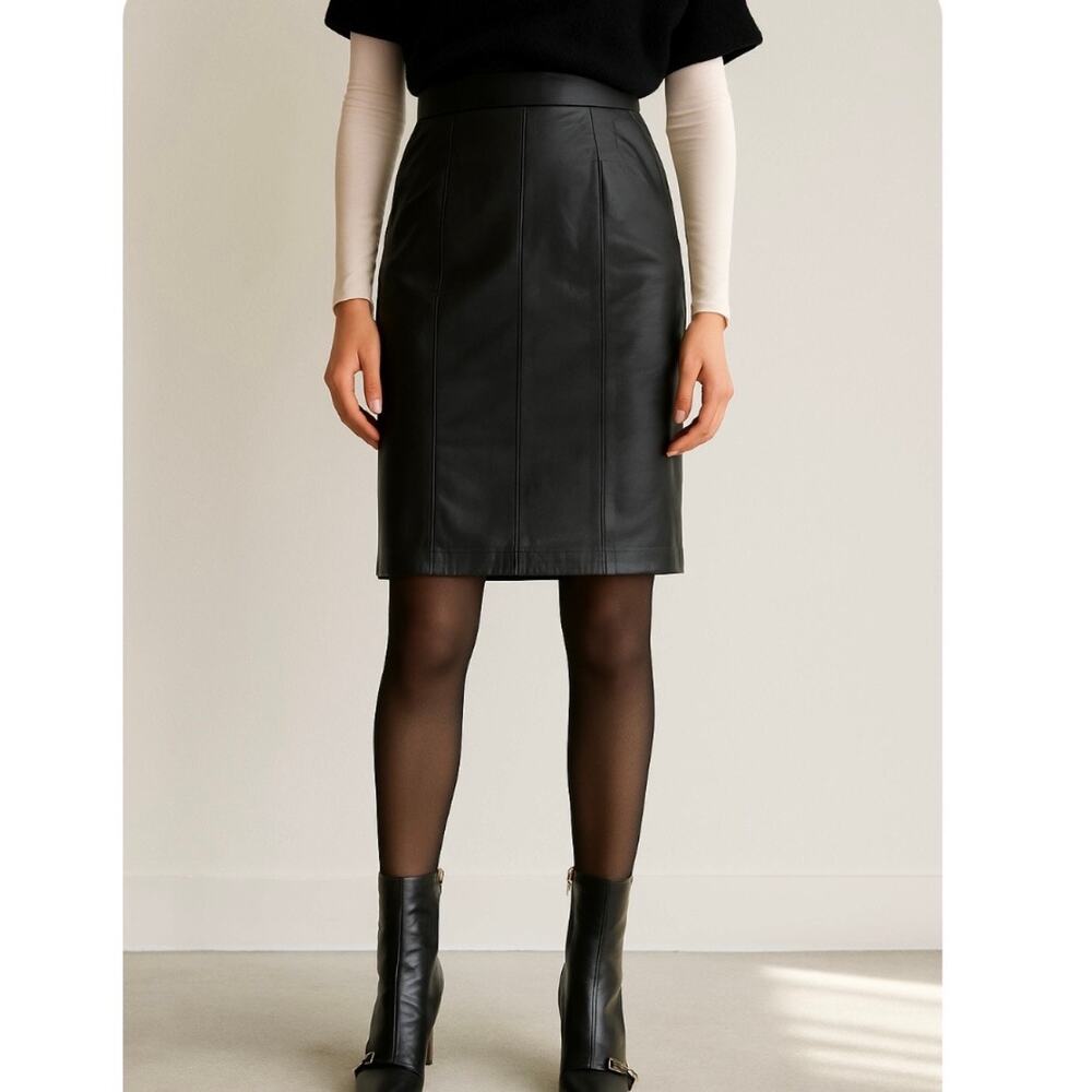Vintage Wilsons Leather Black High Waisted Knee Length Back Slit Skirt XS